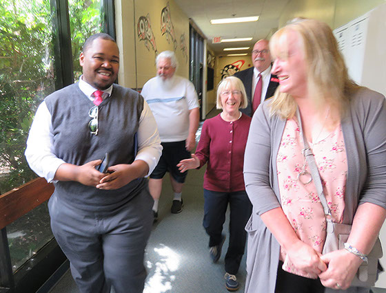 U.S. Sen. Patty Murray, center, tours the Toledo High School on May 29 with her press secretary Michael Brewer, left, Toledo Mayor Steve Dobosh,